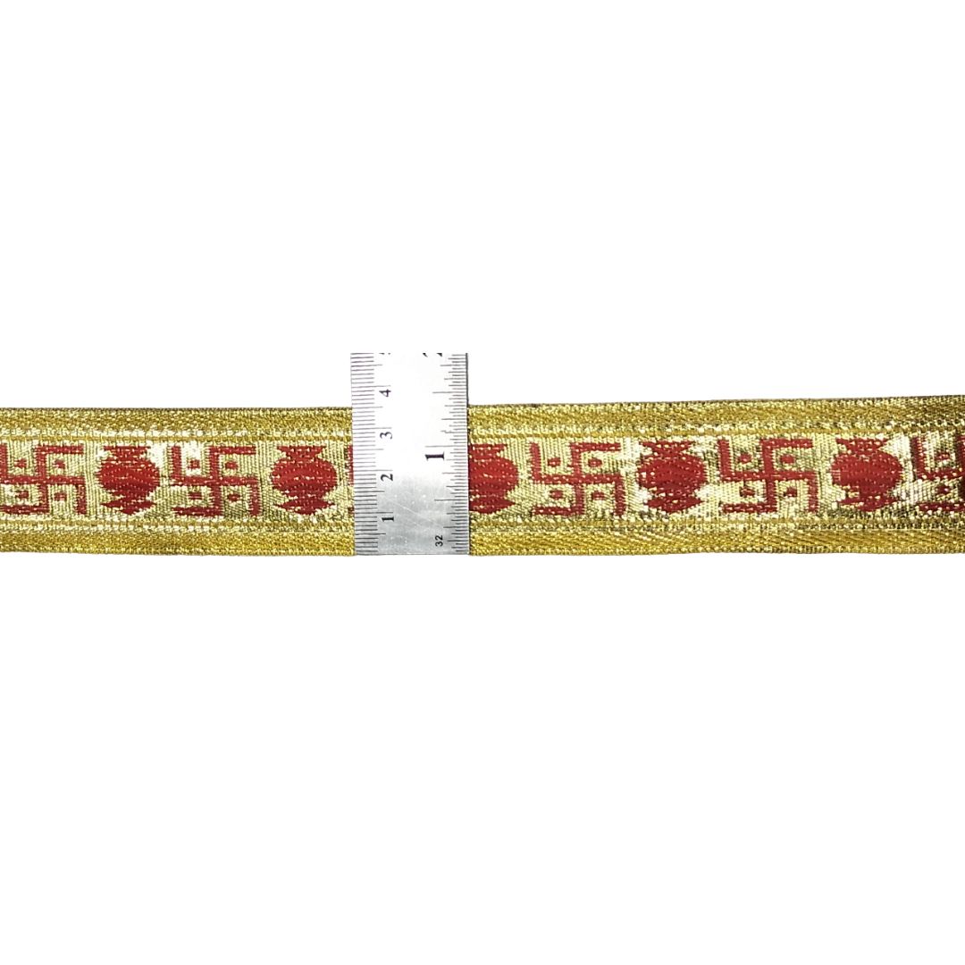 Decorative ribbon with a pattern and a ruler for scale on a white background